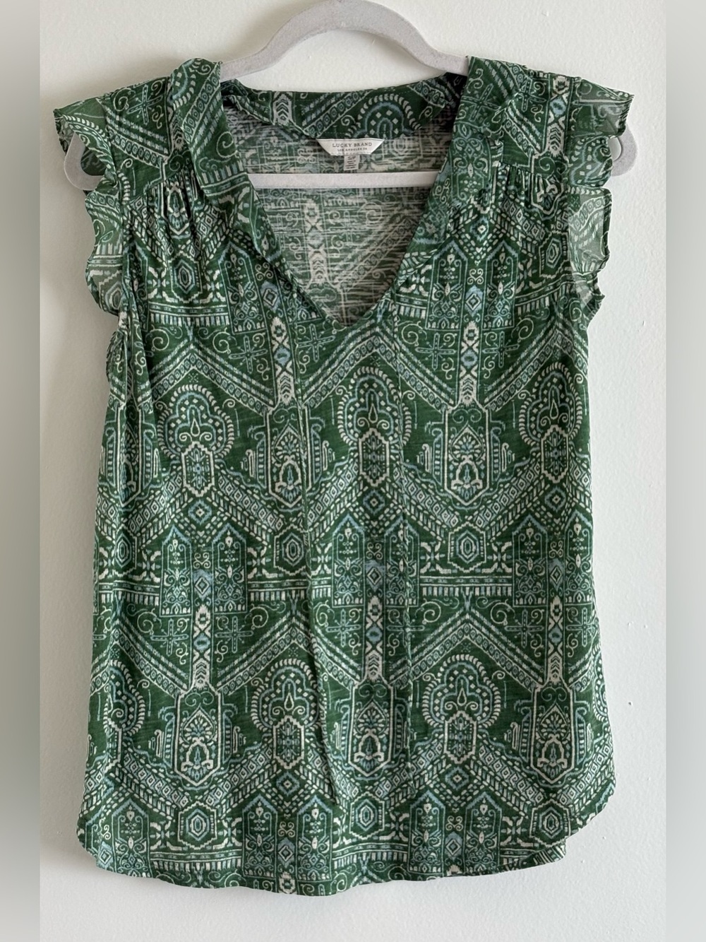 Lucky Brand Green Boho Geometric Tie Neck Flutter Sleeve Top S